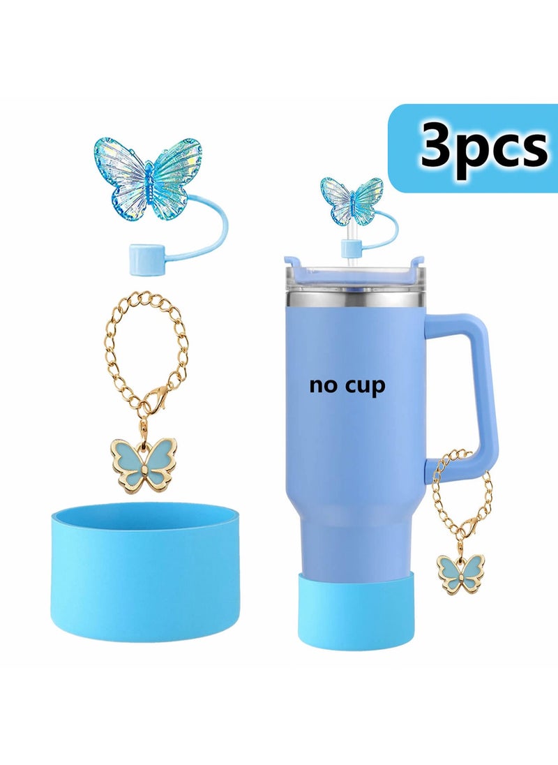 Three-Piece Water Cup Butterfly Decoration Straw Cover Silicone Cup Cover Resin Butterfly Cup Chain Ins Key Pendant (Blue)