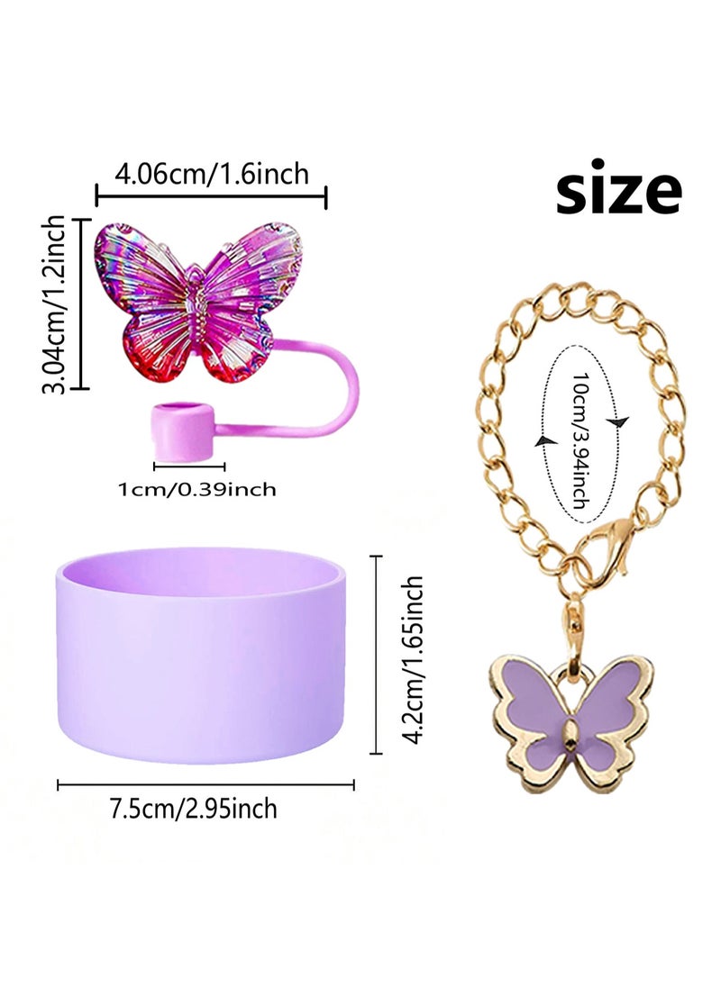 Three-Piece Water Cup Butterfly Decoration Straw Cover Silicone Cup Cover Resin Butterfly Cup Chain Ins Key Pendant (Blue)