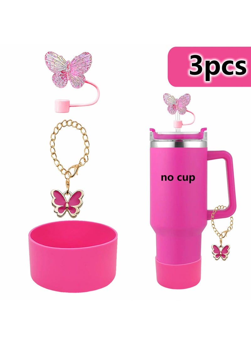 Three-Piece Water Cup Butterfly Decoration Straw Cover Silicone Cup Cover Resin Butterfly Cup Chain Ins Key Pendant (Rose Red)