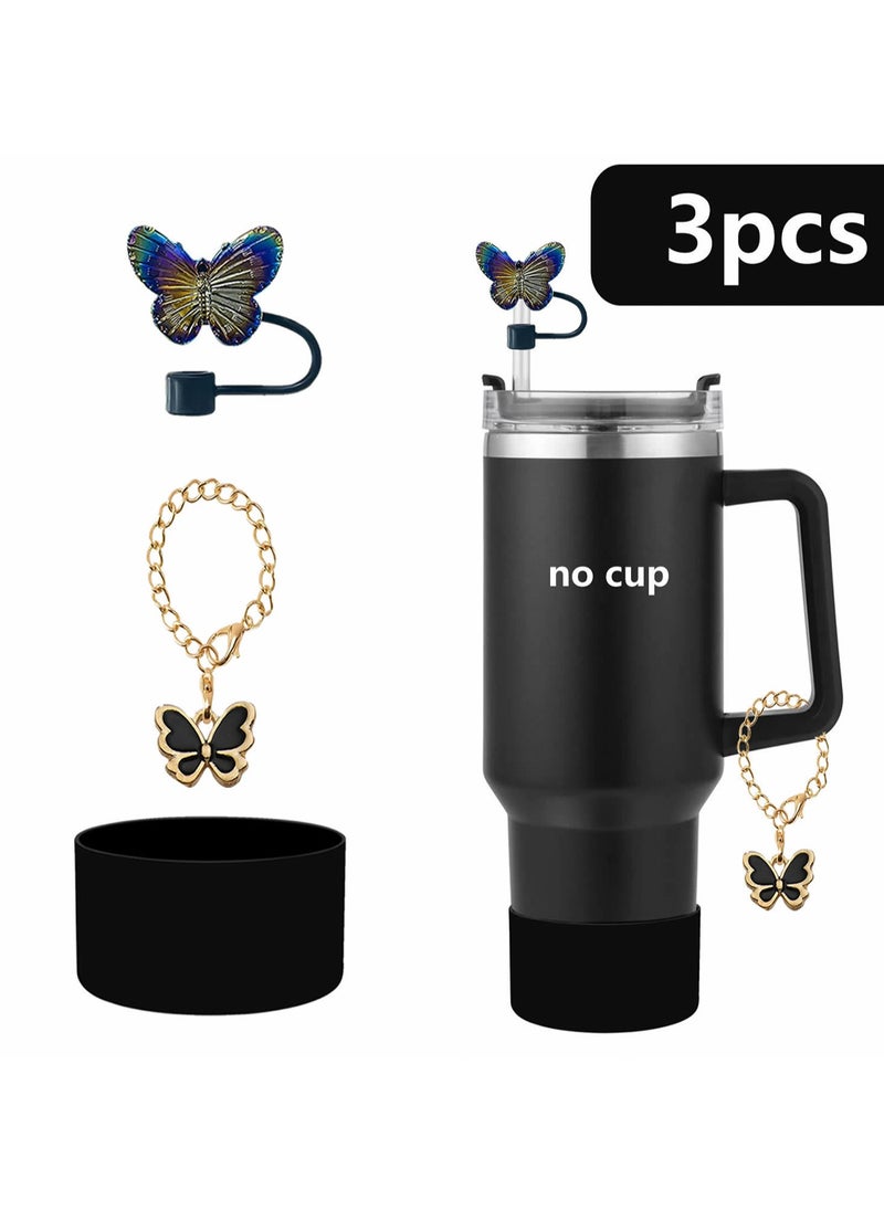 Three-Piece Water Cup Butterfly Decoration Straw Cover Silicone Cup Cover Resin Butterfly Cup Chain Ins Key Pendant (Black)