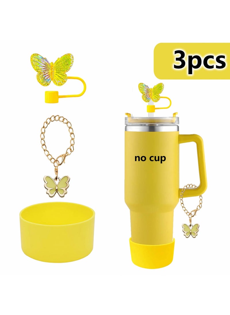 Three-Piece Water Cup Butterfly Decoration Straw Cap Silicone Cup Cover Resin Butterfly Cup Chain Ins Key Pendant (Yellow)