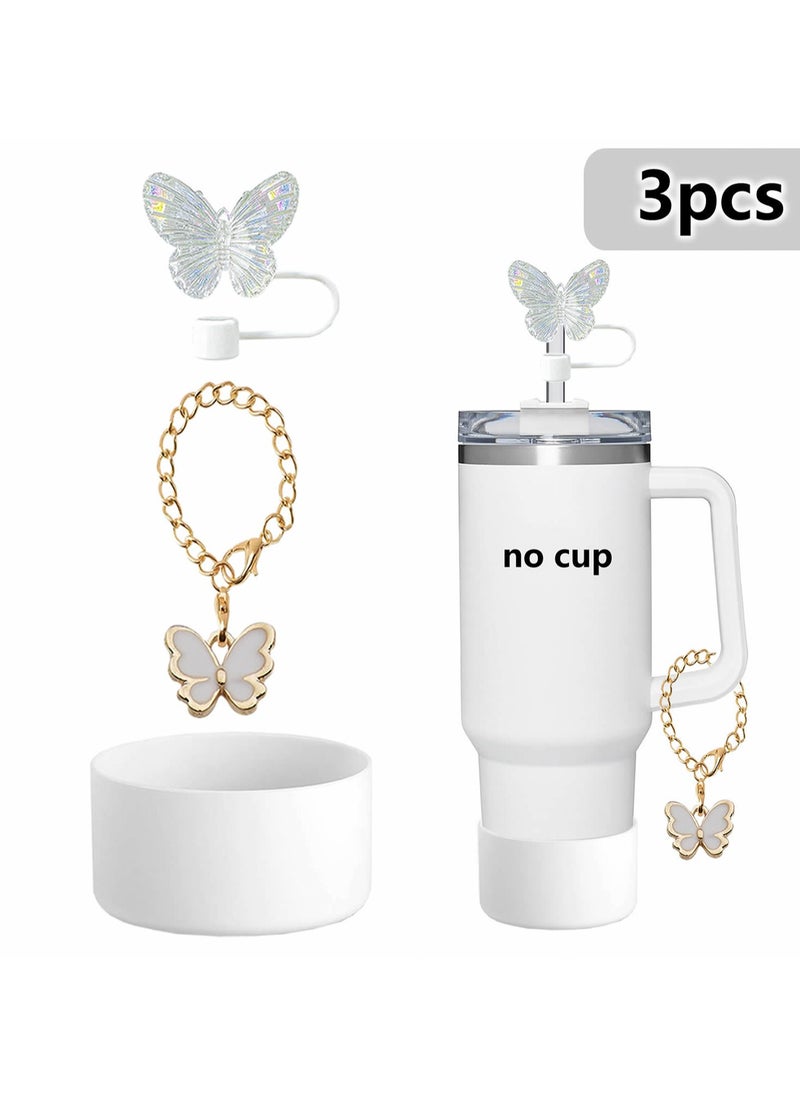 Three-Piece Water Cup Butterfly Decorative Straw Cover Silicone Cup Cover Resin Butterfly Cup Chain Ins Key Pendant - White