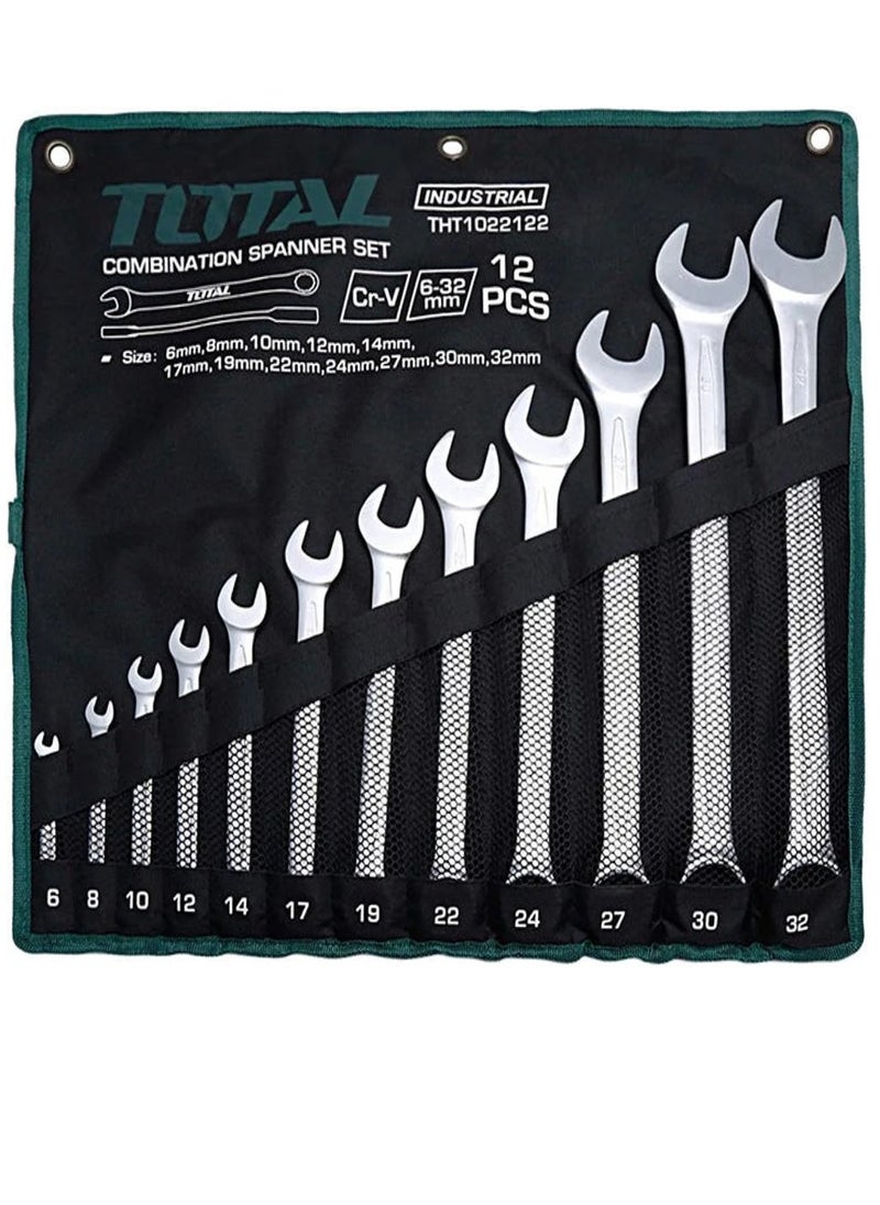 TOTAL 12PCS Combination Spanner Set, 6-32mm, High-Quality Chrome Vanadium Steel, Fine Polished, Includes 6mm to 32mm Sizes, Comes with Canvas Bag for Auto & Home Use