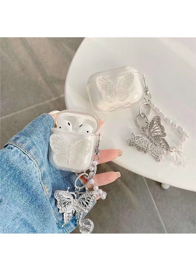 Compatible with AirPods 3 Case Cover, 3rd Generation 2021, with Cute 3D Clear Glitter erfly Design Smooth Soft TPU Cover Case for Airpods 3, Pretty Design Bling Shiny Stylish with Keychain