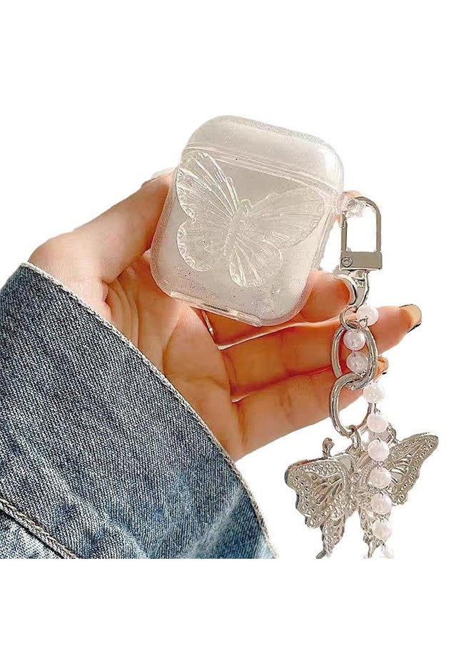 Compatible with AirPods 3 Case Cover, 3rd Generation 2021, with Cute 3D Clear Glitter erfly Design Smooth Soft TPU Cover Case for Airpods 3, Pretty Design Bling Shiny Stylish with Keychain