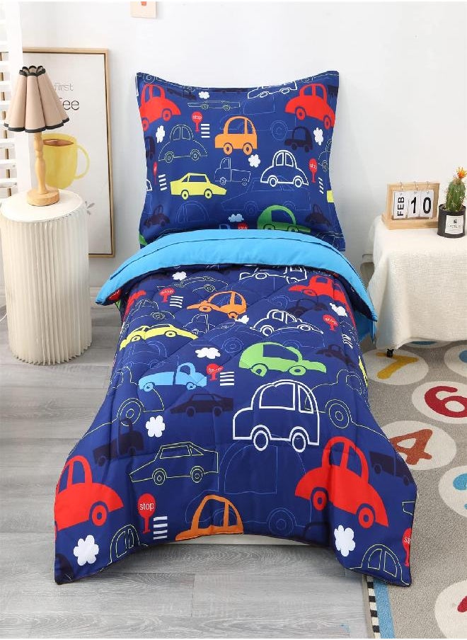 Wowelife Toddler Bedding Sets for Boys, 4 Piece Blue Car Toddler Bed Set with Comforter, Flat Sheet, Fitted Sheet and Pillowcase