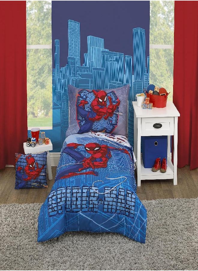 Marvel Spiderman Wall Crawler Red, White, and Blue Spider Webs 4 Piece Toddler Bed Set - Comforter, Fitted Bottom Sheet, Flat Top Sheet, and Reversible Pillowcase