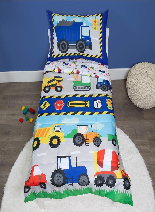 Funhouse 4 Piece Toddler Bedding Set - Includes Quilted Comforter, Fitted Sheet, Top Sheet, and Pillow Case - Construction Car and Truck Design for Boys Bed (Pack of 1)