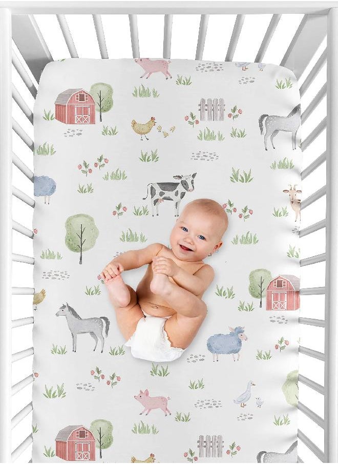 Sweet Jojo Designs Farm Animals Boy or Girl Fitted Crib Sheet Baby or Toddler Bed Nursery - Watercolor Farmhouse Horse Cow Sheep Pig