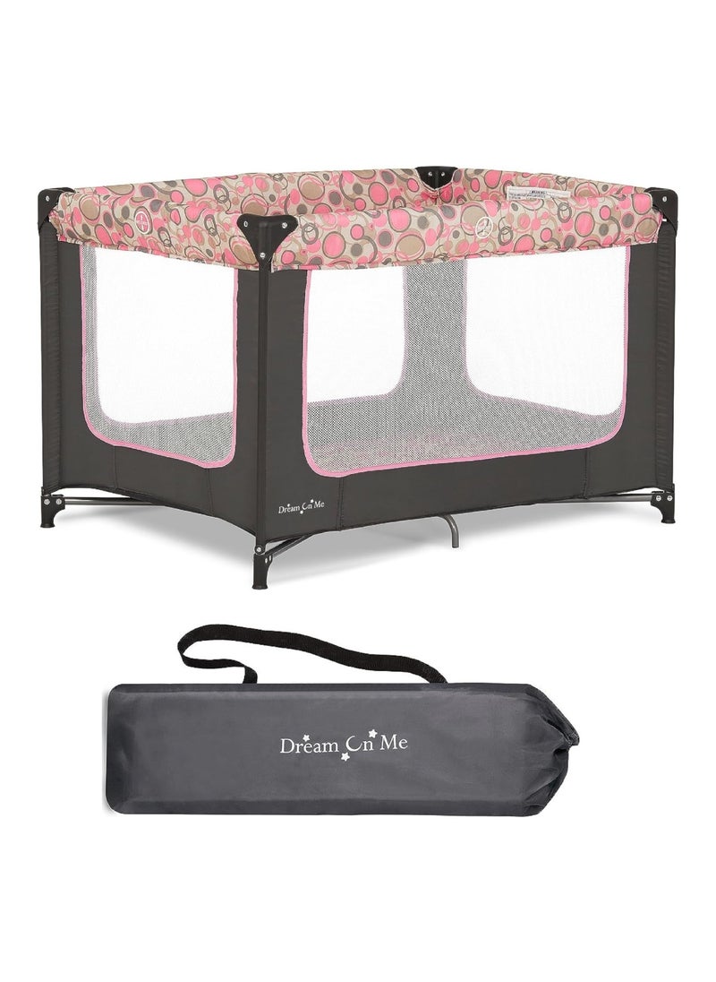 Portable Playard In Grey And Pink Lightweight Packable And Easy Setup Breathable Mesh Sides And Soft Fabric Comes