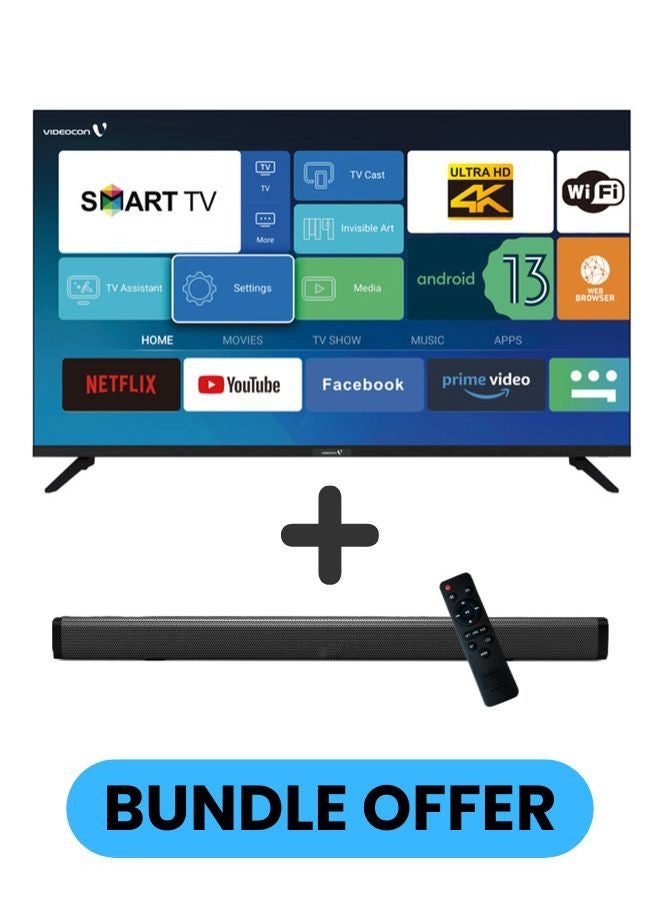 50 Inch 4K UHD LED Smart TV with Android OS, DVBT2/S2 Receiver, 60Hz, HDR, Paired With 2.0 Channel 30W Soundbar, 3D Surround Sound, Bluetooth, USB, FM Radio E50EL1100+SOUNDBAR Black