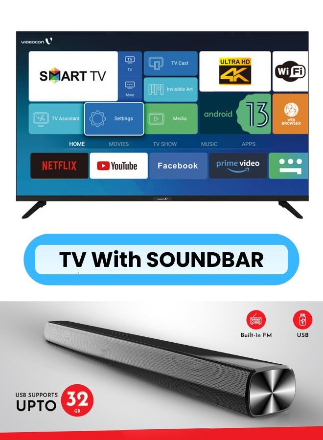 50 Inch 4K UHD LED Smart TV with Android OS, DVBT2/S2 Receiver, 60Hz, HDR, Paired With 2.0 Channel 30W Soundbar, 3D Surround Sound, Bluetooth, USB, FM Radio E50EL1100+SOUNDBAR Black