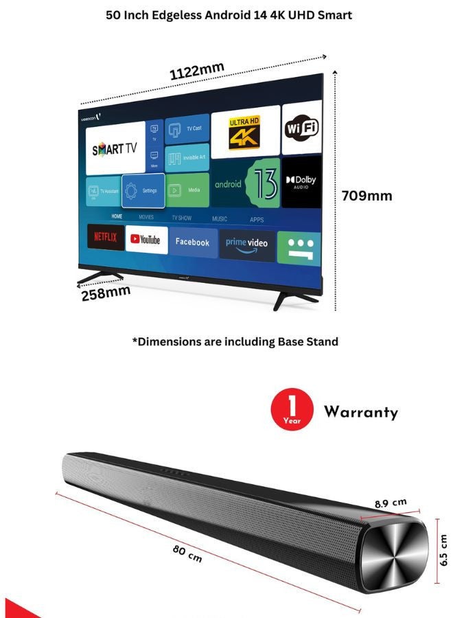 50 Inch 4K UHD LED Smart TV with Android OS, DVBT2/S2 Receiver, 60Hz, HDR, Paired With 2.0 Channel 30W Soundbar, 3D Surround Sound, Bluetooth, USB, FM Radio E50EL1100+SOUNDBAR Black