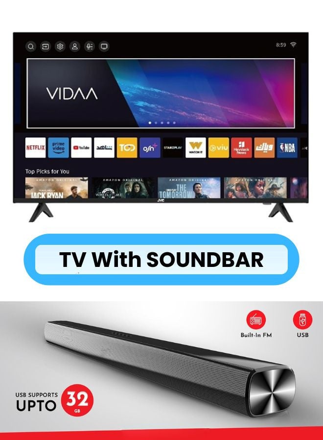 50-Inch Edgeless 4K UHD Smart TV with VIDAA OS, 60Hz, Bluetooth Remote Paired with 2.0 Channel 30W Soundbar, Bluetooth, USB, FM Radio LT-50N7105+SOUNDBAR Black