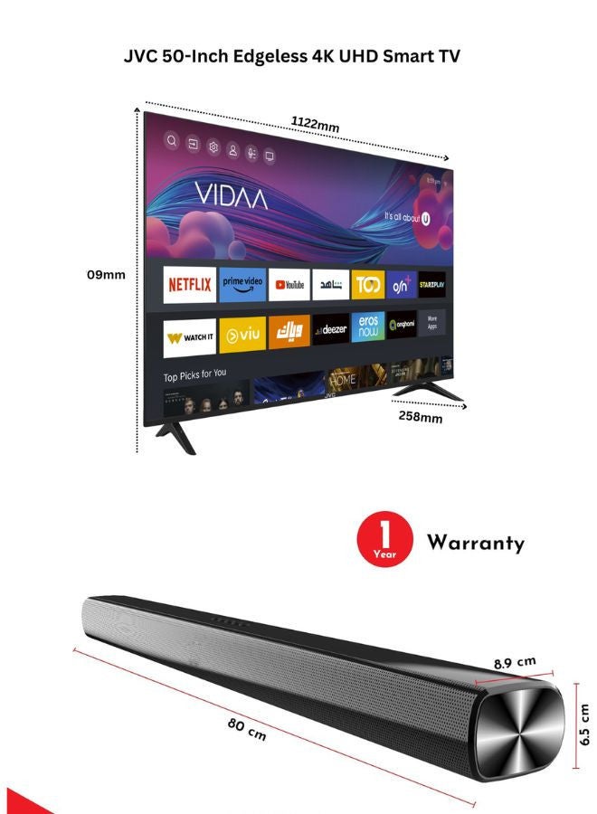 50-Inch Edgeless 4K UHD Smart TV with VIDAA OS, 60Hz, Bluetooth Remote Paired with 2.0 Channel 30W Soundbar, Bluetooth, USB, FM Radio LT-50N7105+SOUNDBAR Black