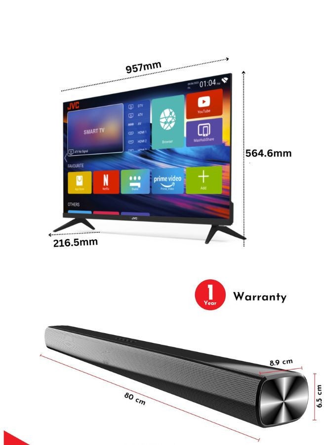 43 Inch Edgeless Full HD Android 14 Smart TV with Bluetooth, 60Hz, HDMI, USB Paired with 2.0 Channel 30W Soundbar, Bluetooth, USB, FM Radio LT-43N5105+SOUNDBAR Black