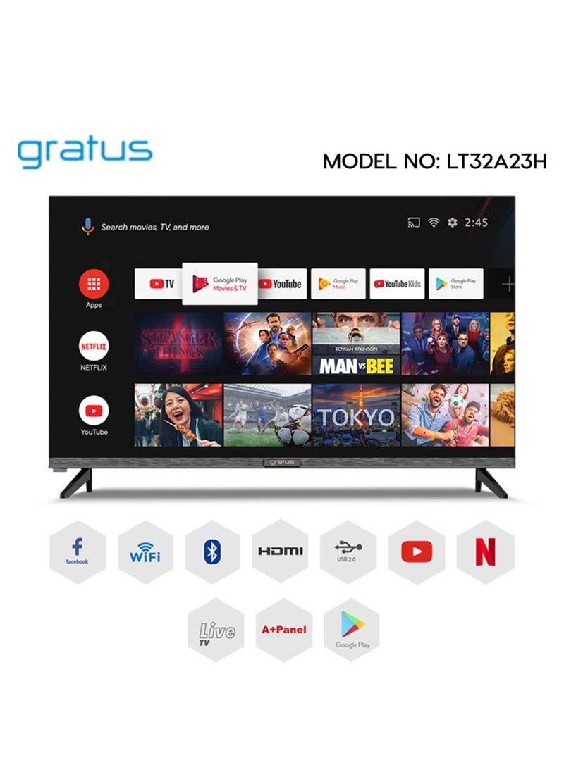 Gratus 32″ Edgeless HD ready LED Smart TV, DVB T2/S2 Built-in receiver, Android 12, 2 USB, 3 HDMI, High Resolution, Superior Sound, Model- LT32A23H