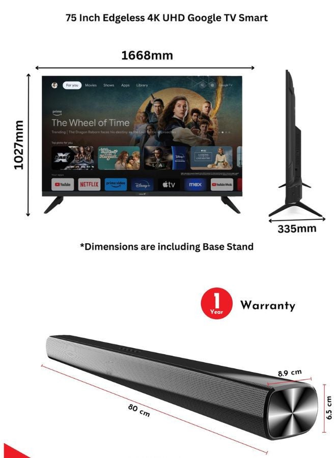 75 Inch 4K UHD Google TV with Voice Remote, Chromecast, 60Hz, HDR, Paired with 2.0 Channel 30W Soundbar, Bluetooth, USB, FM Radio E75ELGT1100+SOUNDBAR Black