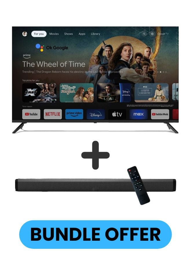 75 Inch 4K UHD Google TV with Voice Remote, Chromecast, 60Hz, HDR, Paired with 2.0 Channel 30W Soundbar, Bluetooth, USB, FM Radio E75ELGT1100+SOUNDBAR Black