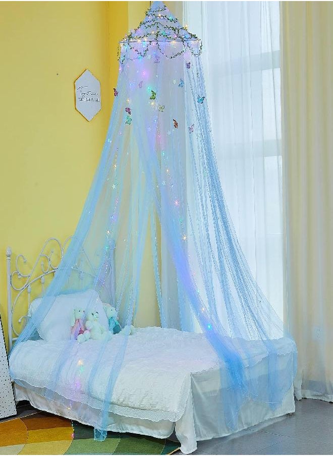 FIOBEE Bed Canopy for Girls Room Bed Canopy Curtains with Led Lights Mosquito Net DIY Princess Room Décor with Stars Butterflies for Kids Bedroom, Blue