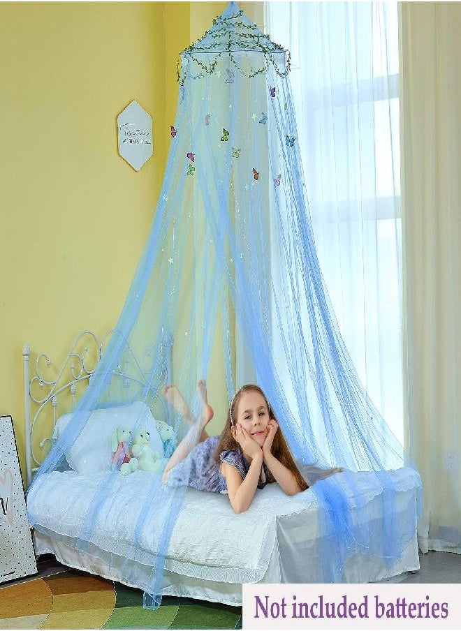 FIOBEE Bed Canopy for Girls Room Bed Canopy Curtains with Led Lights Mosquito Net DIY Princess Room Décor with Stars Butterflies for Kids Bedroom, Blue