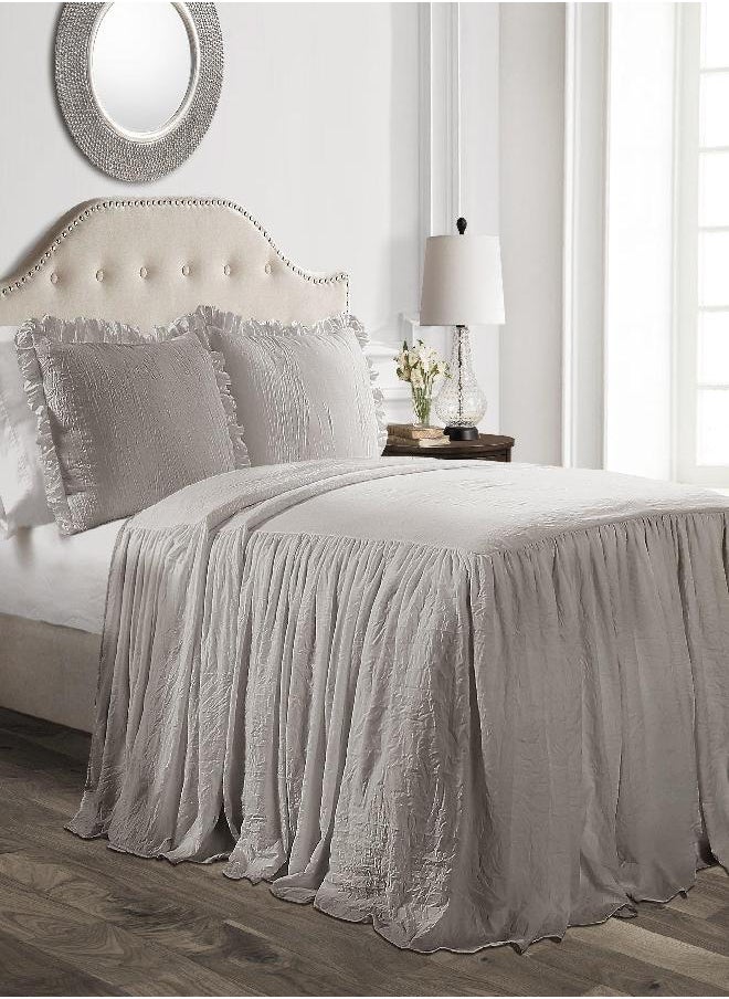 Lush Decor Ruffle Skirt Bedspread Vintage Chic Farmhouse Style Lightweight 2 Piece Set, Twin, Grey