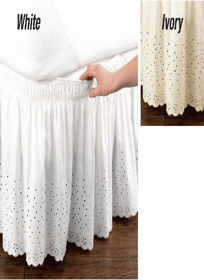 Collections Etc Eyelet Floral Scalloped Elastic Dust Ruffle Bed Skirt, Wrap-Around Easy Fit Design, Ivory, Queen/King