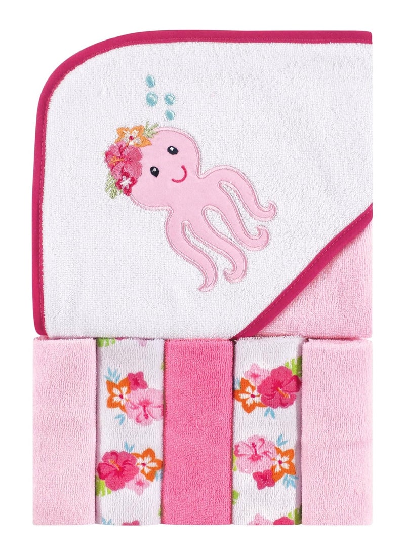 Unisex Baby Hooded Towel With Five Washcloths, Tropical Octopus, One Size