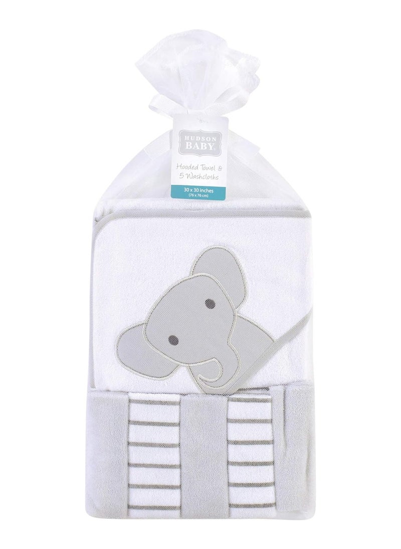 Unisex Baby Hooded Towel And Five Washcloths, Modern Elephant, One Size