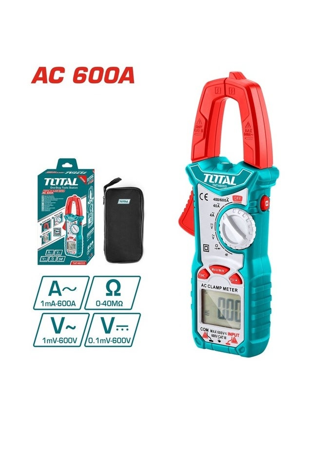 TOTAL Digital AC Clamp Meter with LCD Display – 6000 Counts, Non-Contact Voltage Detection, AC/DC Voltage, Current, Resistance, Capacitance, and More – Includes Data Hold and Backlight for Electricians & DIY Use