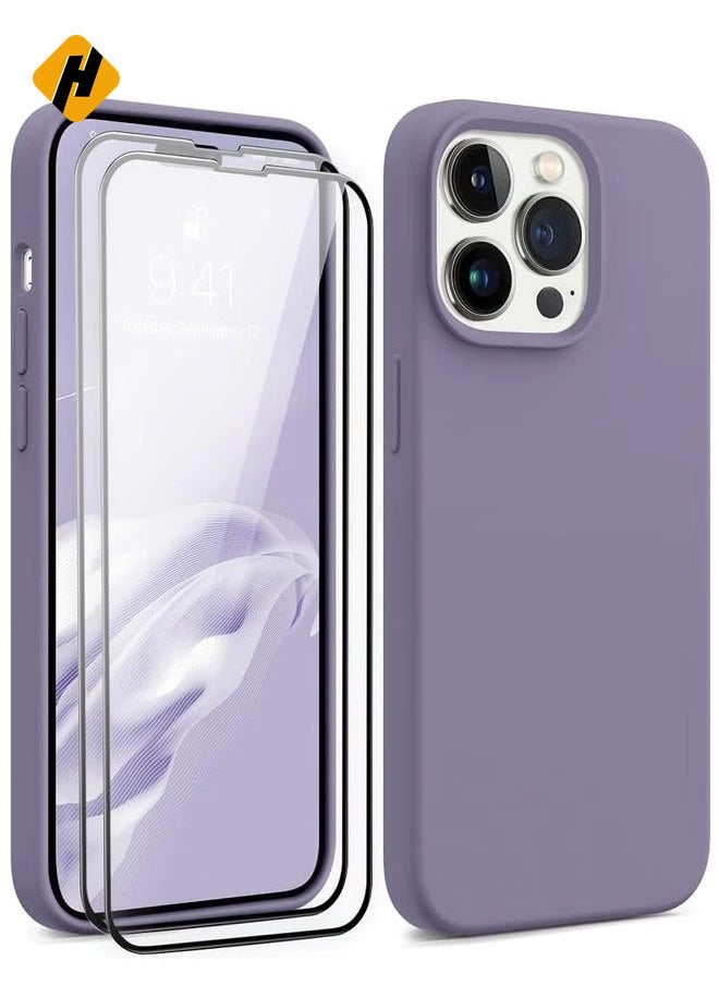 [3-in-1] iPhone 15 Pro Max Case Bundle – Light Gray Liquid Silicone Shockproof Cover with 9H Tempered Glass Screen Protector