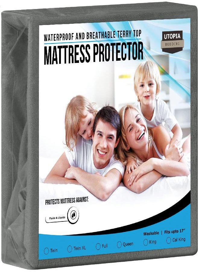 Utopia Bedding Premium Waterproof Terry Mattress Protector Queen 200 GSM, Mattress Cover, Breathable, Fitted Style with Stretchable Pockets (Grey)