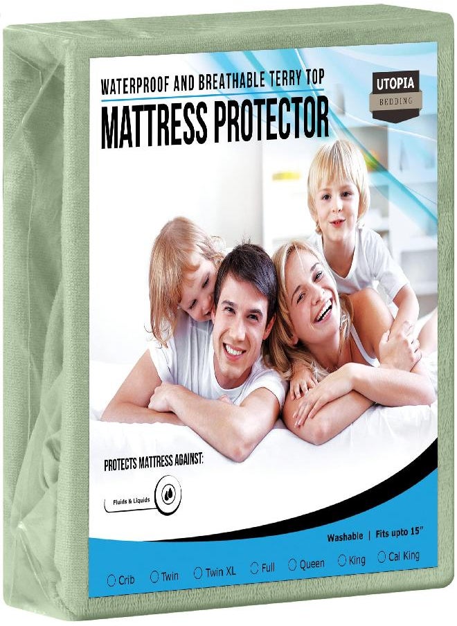 Utopia Bedding Premium Waterproof Terry Mattress Protector Twin 200 GSM, Mattress Cover, Breathable, Fitted Style with Stretchable Pockets (Sage)