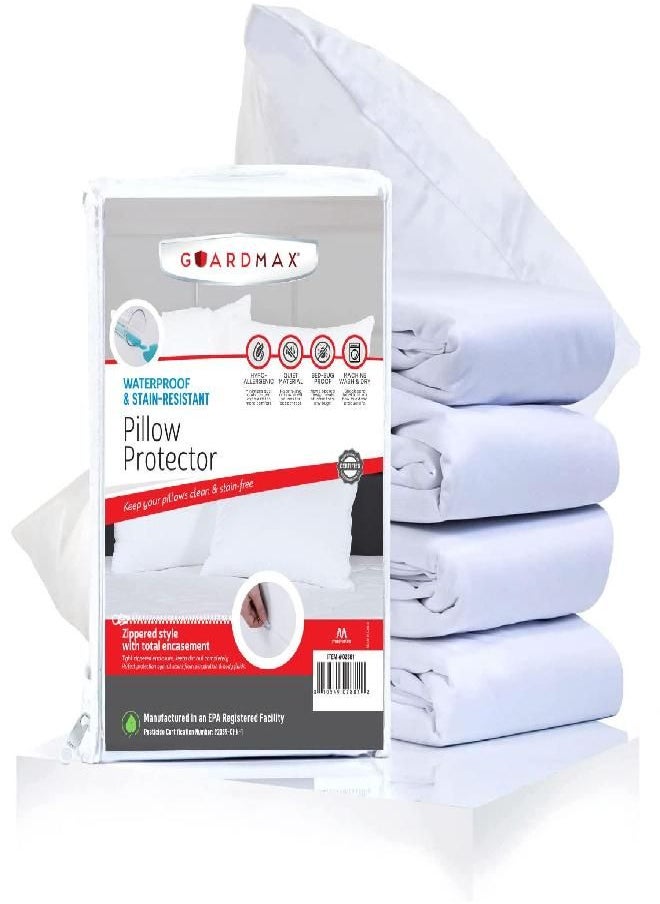 Guardmax Waterproof Pillow Protector Queen Size - Zippered Bed Bug Pillow Protector 4 Pack - Hypoallergenic Pillow Case Cover Protects from Bedbug, Dust Mite, and Liquid Spills - (20 X 30)