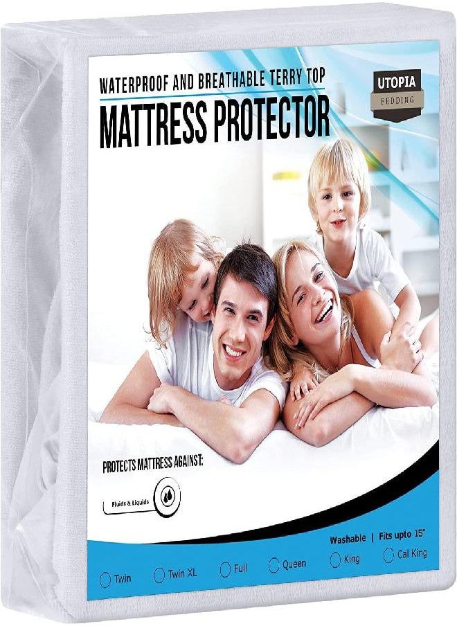 Utopia Bedding Premium Waterproof Terry Mattress Protector Full 200 GSM, Mattress Cover, Breathable, Fitted Style with Stretchable Pockets (White)