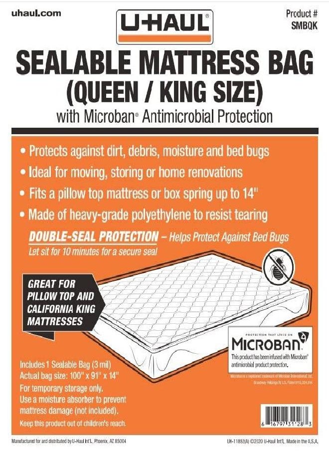 U-Haul Sealable Mattress Bag - Moving and Storage Protection for Mattress or Box Spring - 3 Mil (Queen or King Size Mattress) - 100” x 91” x 14”