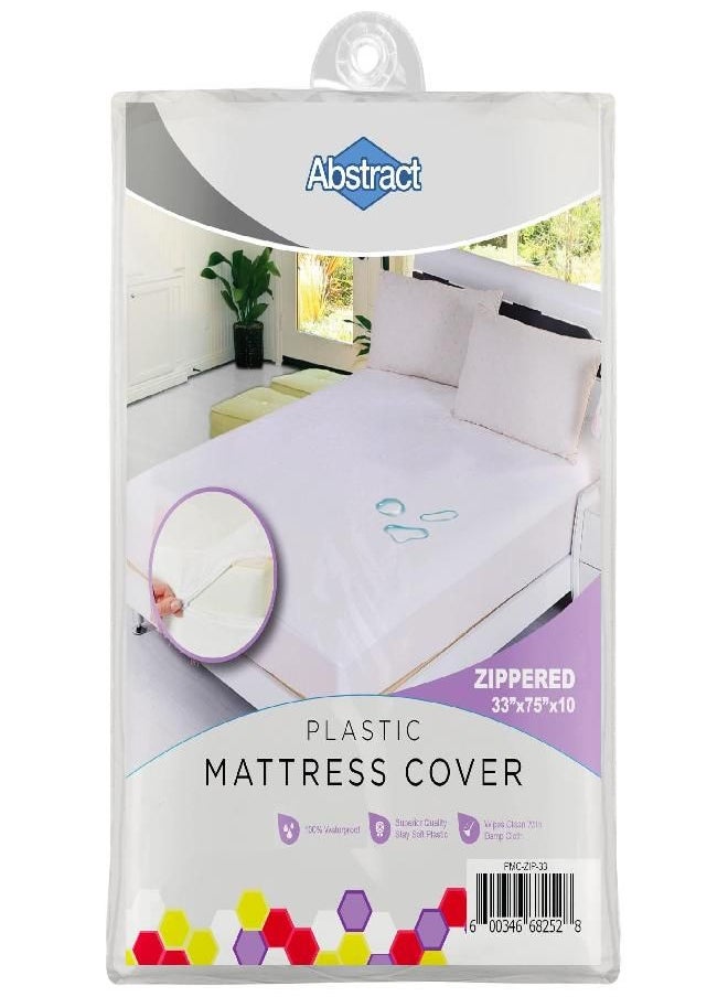 Abstract Vinyl Mattress Protector Zipper Closure Style - Best to Protect Your Bed from Spills, Accidents and Damage - 100% Waterproof Plastic - White - Cot and Narrow Mattress Size (33