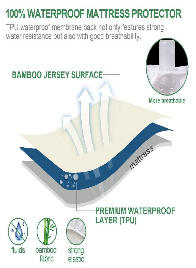 Queen Mattress Cover Waterproof Bamboo Mattress Protector, Breathable Skin Friendly and Noiseless Cooling Bamboo Fitted Mattress Cover for 18”Deep Pocket