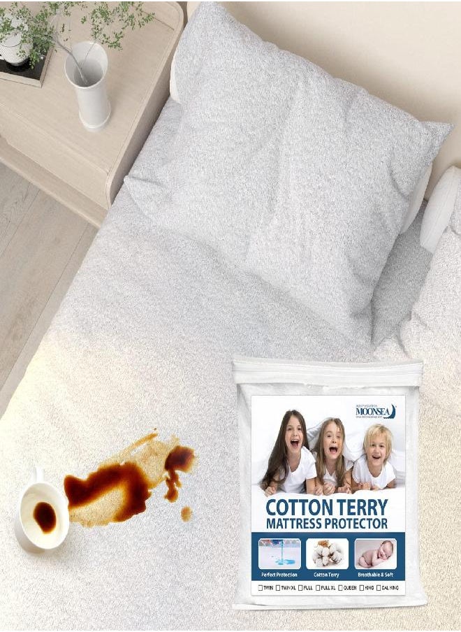 Twin Mattress Cover Cotton Terry Mattress Protector Twin Size, Noiseless Twin Size Mattress Protector with Breathable Surface Waterproof TPU Layer Fitted 14'' Deep Pocket