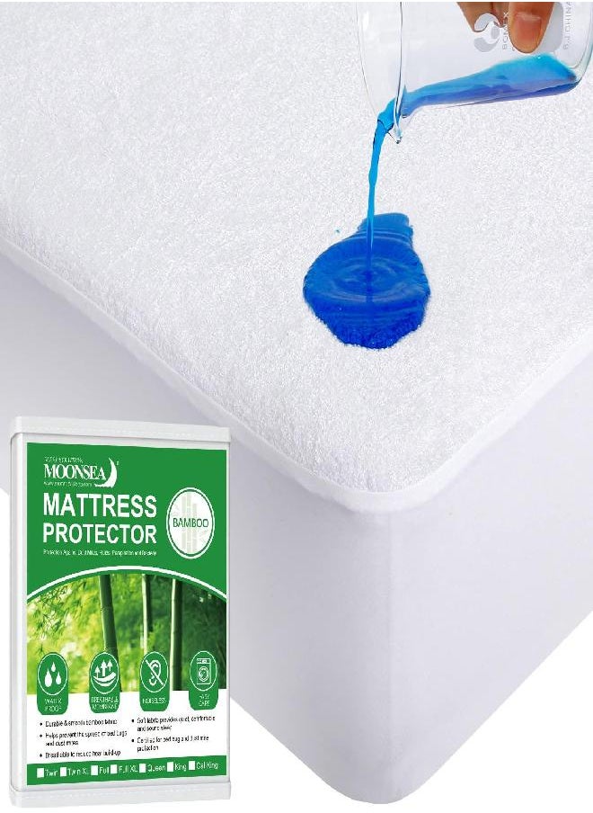 Queen Waterproof Mattress Protector, Bamboo Terry Noiseless Mattress Cover Ultra Soft, Fits Up to 18 Inch Mattress