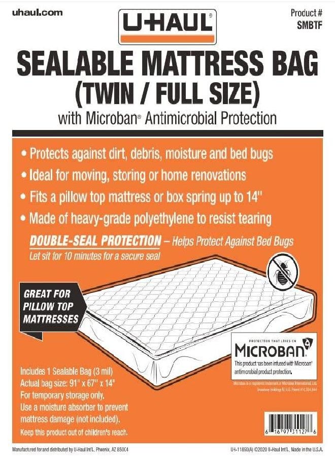 U-Haul Sealable Mattress Bag - Moving and Storage Protection for Mattress or Box Spring - 3 Mil (Twin or Full Size Mattress) - 91” x 67” x 14”