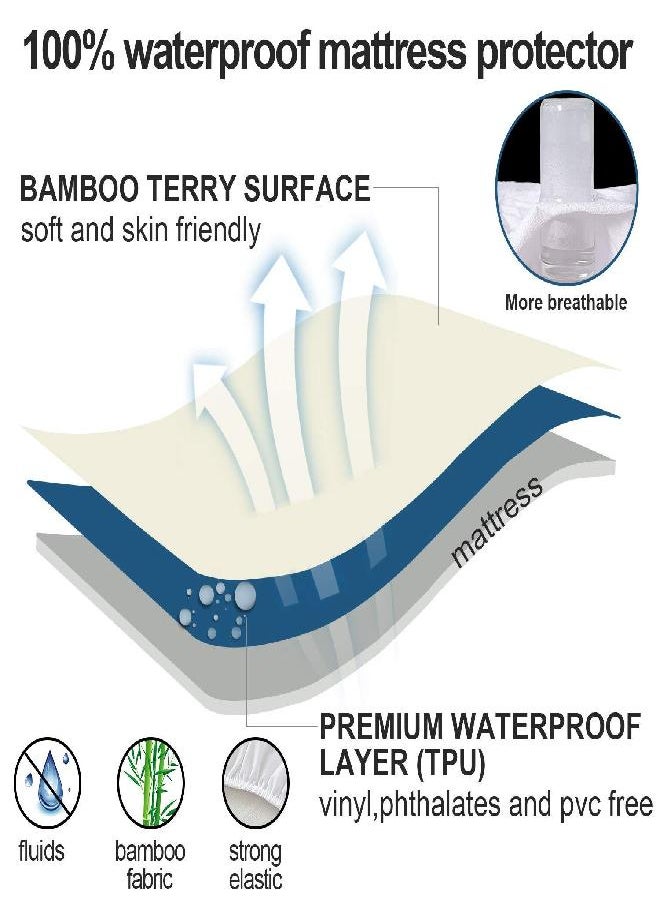 Twin Mattress Protector Waterproof Mattress Pad Cover, Bamboo Terry Soft Mattress Protector Twin Cover with Deep Pocket Fits Up to 14 Inch Mattress