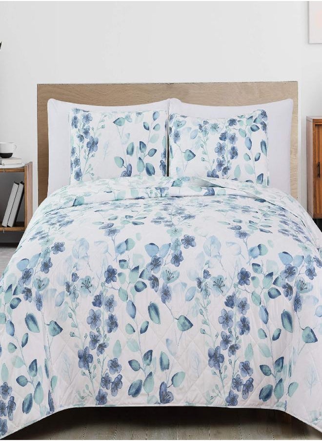 Great Bay Home 3-Piece Full/Queen Reversible Lightweight Quilt Comforter with 2 Shams | All-Season, Microfiber, Floral Bedspreads | Modern Blue Flower Coverlet Sets | Miranda Quilts Collection