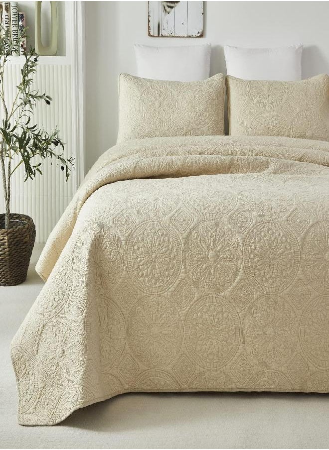 Brandream Luxury Beige Medallion Quilt Bedding Set King Size Cotton Queen Size Bedspread Coverlet Set