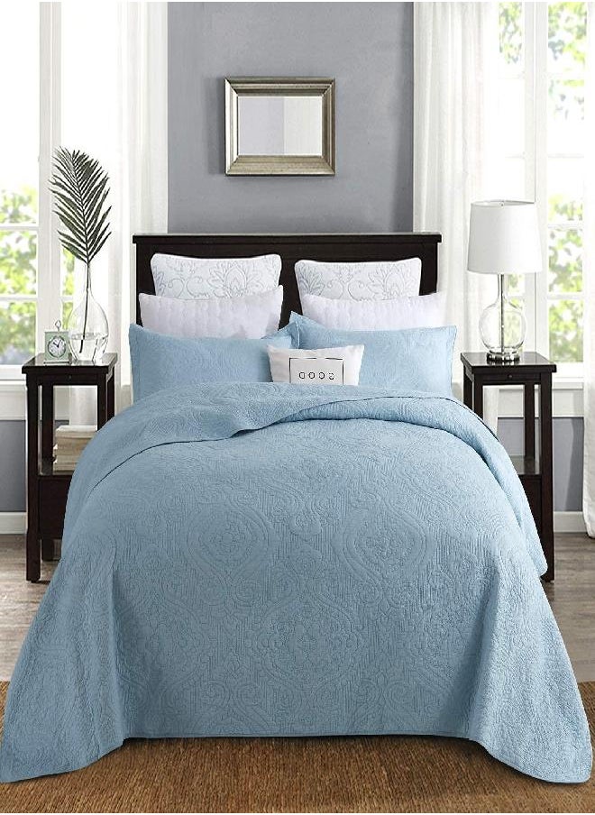 Brandream Quilt Set Queen Size Cotton Bedspread Coverlet Set Luxury Quilted Comforter Sets Light Blue Damask