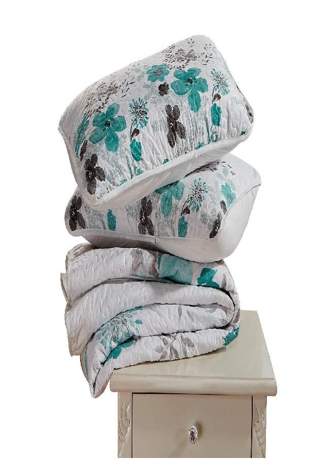 Luxury Home Collection 3 Piece King/California King Quilted Reversible Coverlet Bedspread Set Floral Printed Turquoise White Gray