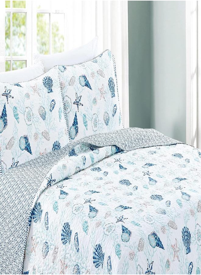 Great Bay Home 3-Piece King Reversible Lightweight Coastal Quilt Comforter with 2 Shams | All-Season, Modern, Beach Bedspreads | Blue Coral Nautical Coverlet Sets | Bali Quilts Collection