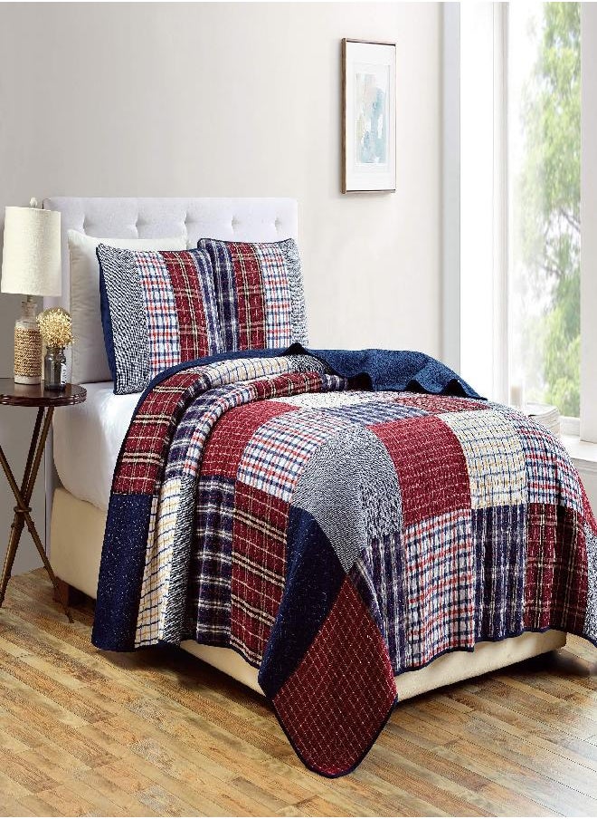 Chezmoi Collection Grizzly 2-Piece Plaid Checkered Patchwork Quilted 100% Washed Cotton Reversible Bedspread Quilt Set, Twin