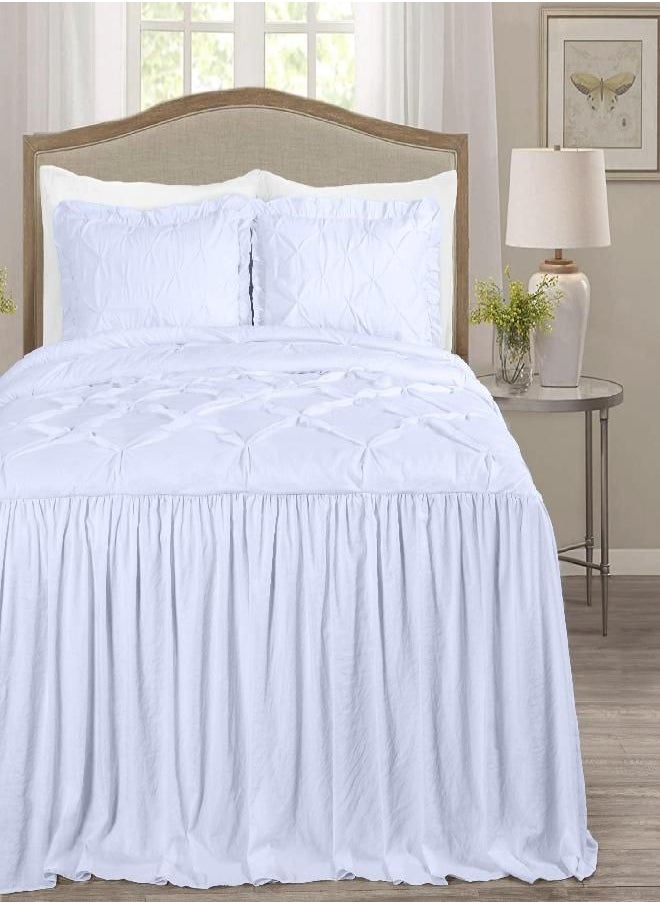 Chezmoi Collection Aria 3-Piece Pinch Pleat Pintuck Ruffle Skirt Bedspread Set - French Country Chic Farmhouse - California King, White