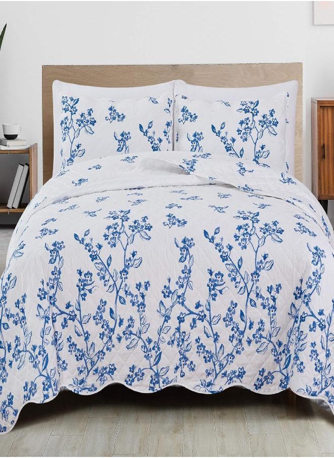 Great Bay Home 3-Piece Full/Queen Reversible Lightweight Quilt Comforter with 2 Shams | All-Season, Microfiber, Floral Bedspreads | Modern Blue Flower Coverlet Sets | Raelynn Quilts Collection
